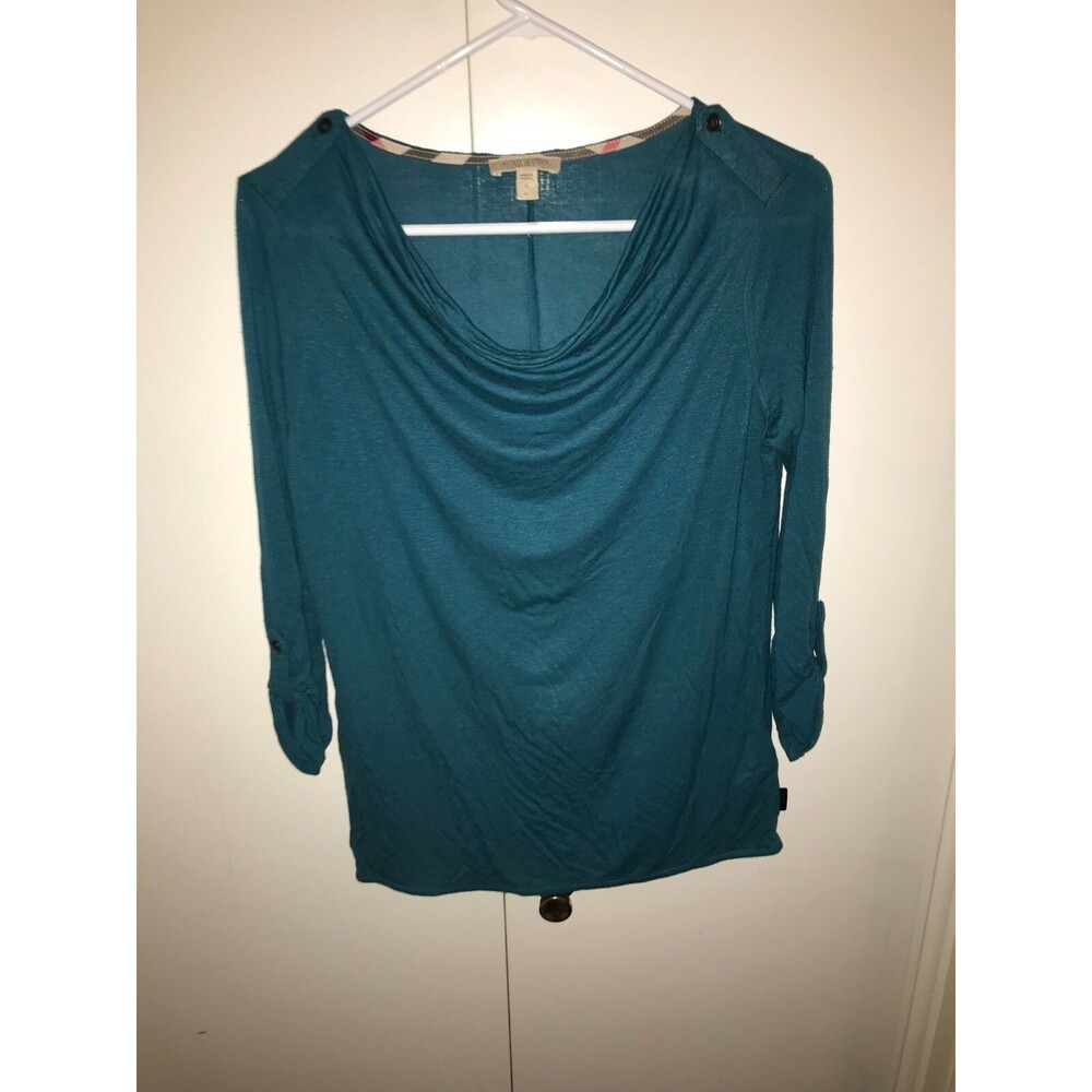 Burberry Brit Blue Blouse Cowl Neck Nova Check 3/4 Sleeve S logo button linen